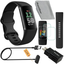 Fitbit Charge 6 Fitness Tracker Uhr (Schwarz) Bundle mit 2 Armbändern, 1m Ladekabel, Netzteil, Displayschutz & Tuch