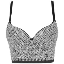 (Black, 36B) Women's Lace Rhinestone Bustier Crop Top, Sexy Corset Top Bra