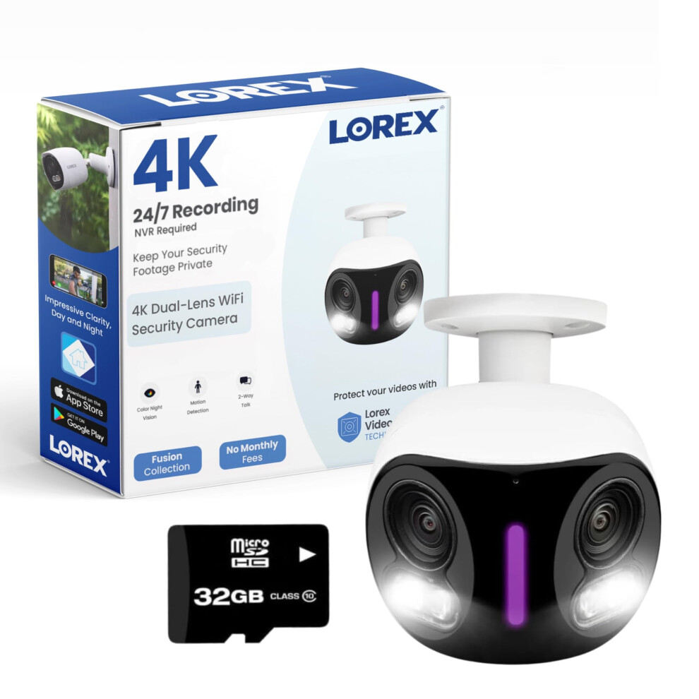 Lorex 4K DualLens IndoorOutdoor WiFi Security Camera with Smart Security Lighting  32GB White