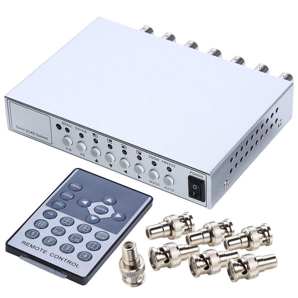 UHPPOTE 4 Channel Color QUAD System Video Splitter CCTV DVR Camera Processor Remote Control with 7 BNC Adapter