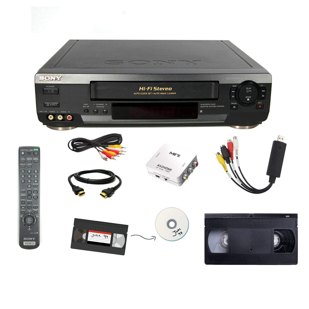 Sony VCR VHS Transfer Bundle w Remote  USB Adapter  HDMI Converter Renewed