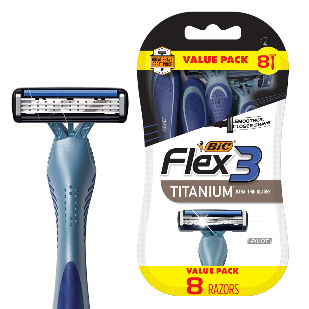 BIC Flex 3 Titanium Mens Disposable Razors With 3 Blades  Ideal Razor For Face and Body Shaving  8 Piece Razor Kit for Men