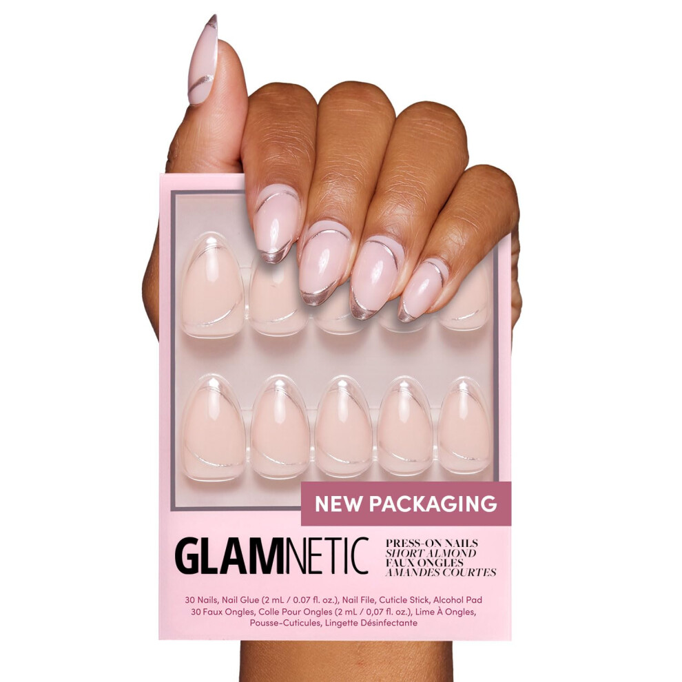 Glamnetic Silver Press On Nails - Whipped | Short Almond 3D Metallic Swirl Design In A Glossy Finish | 15 Sizes - 30 Nail Kit With Glue