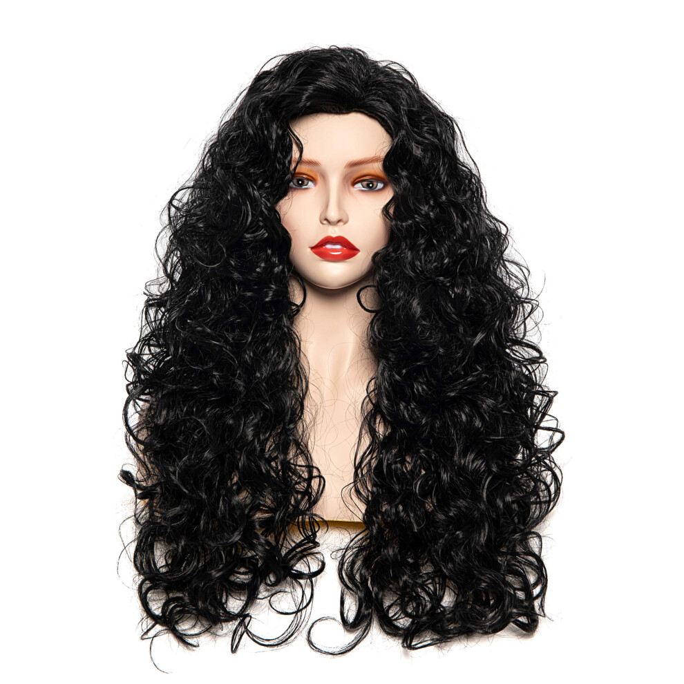 Rugelyss Unisex Black Long Wavy Wigs 28 Inches Natural Synthetic Kinky Curly Hair Wig For Women