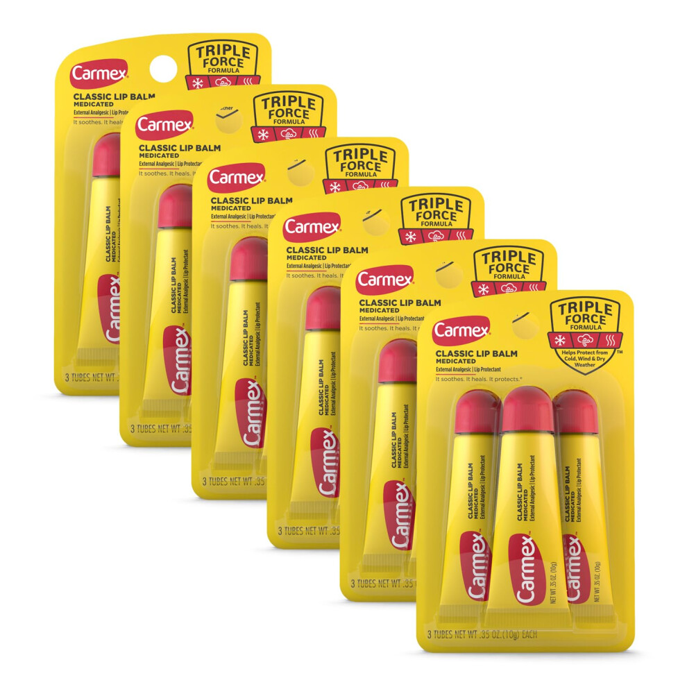 Carmex Classic Medicated Lip Balm Tubes  Lip Moisturizer for Chapped Lips  18 Count 6 Packs of 3