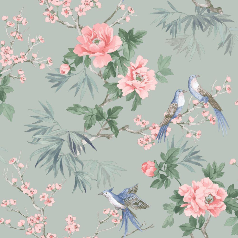 Elegant Homes Chinoiserie Sage Wallpaper Floral Birds Traditional Feature Wall 5901638013941
