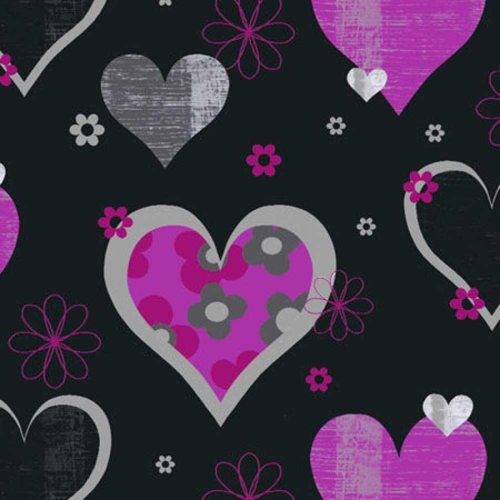 Happy Hearts Black Pink Wallpaper Flowers Stylish Girls Bedroom Feature Wall