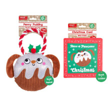 Plush Christmas Pudding Pet Dog Puppy Toy Squeaker Chew Rope Tug of War Festive