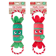 Plush Christmas Cracker Pet Dog Puppy Toy Squeaker Chew Rope Tug of War Festive