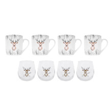 4 Christmas Glass Tumblers & 4 Coffee Mugs Stag Design Cup Xmas Table