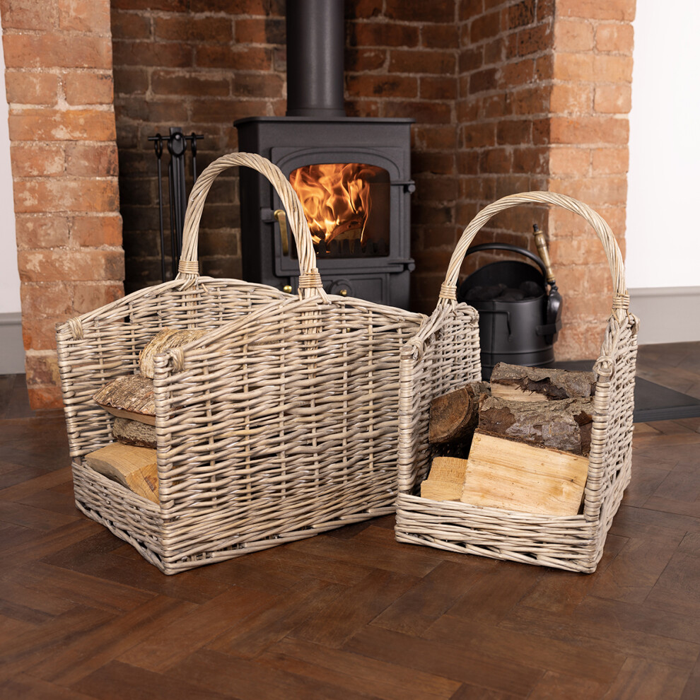 CHARLES BENTLEY Log Basket, Snug, Set Of Two, Open Ended, Wicker Log Baskets, Storage, Handmade, With Handles, Carry Handles, Open Ends, Square