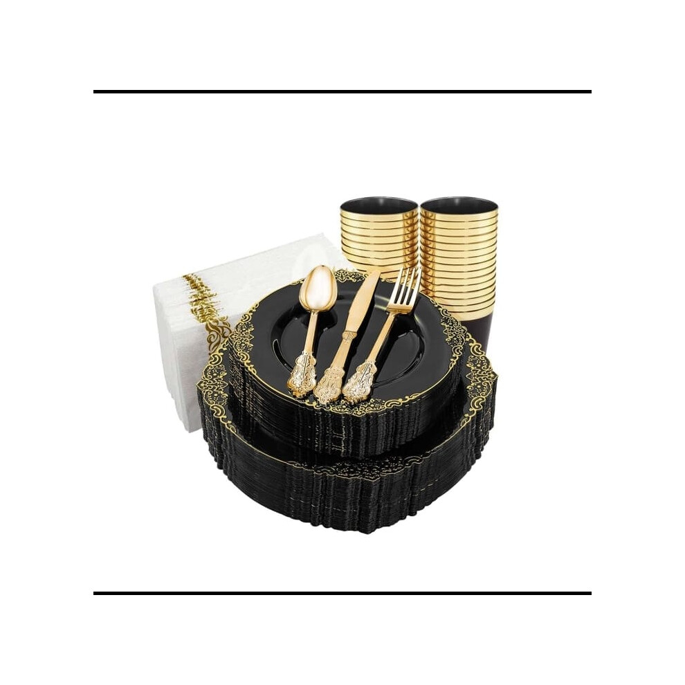 (Black and Gold) Disposable Dinnerware Set | 25-Person Capacity