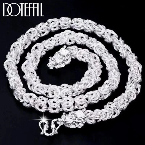 Solid 925 Sterling Silver Necklace For Men 8mm Round Dragon 60cm Charm