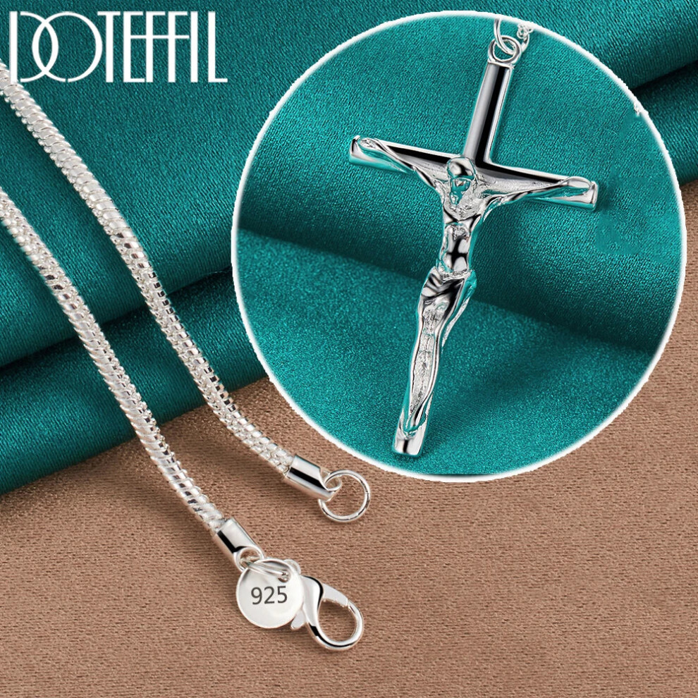 (Snake Chain, 65cm) 925 Sterling Silver Jesus Cross Pendant Necklace Chain For Woman Man