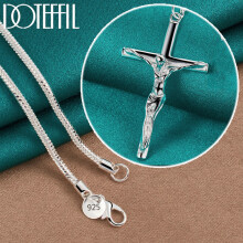 (Snake Chain, 60cm) 925 Sterling Silver Jesus Cross Pendant Necklace Chain For Woman Man