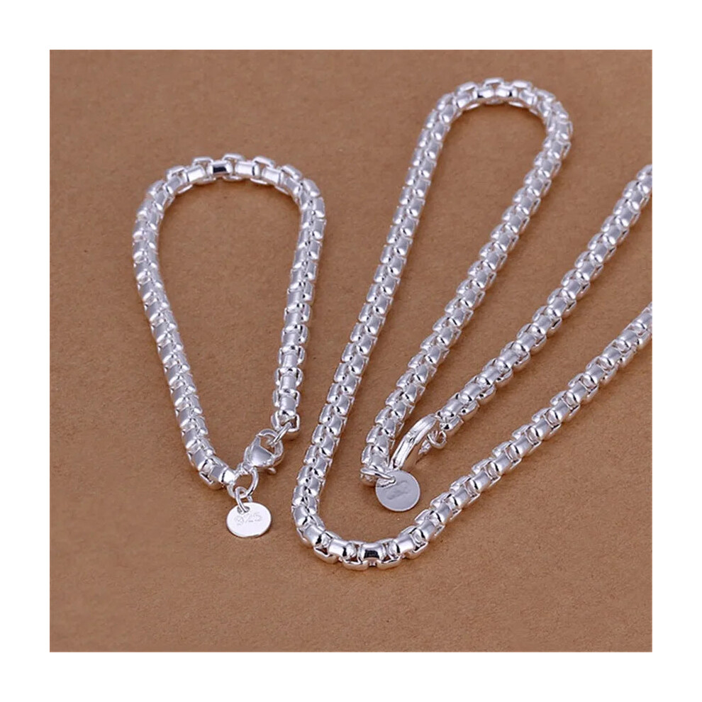 (45cm and 20cm) 925 Sterling Silver 4mm Round Box Chain Necklace Bracelet Set For Women Men