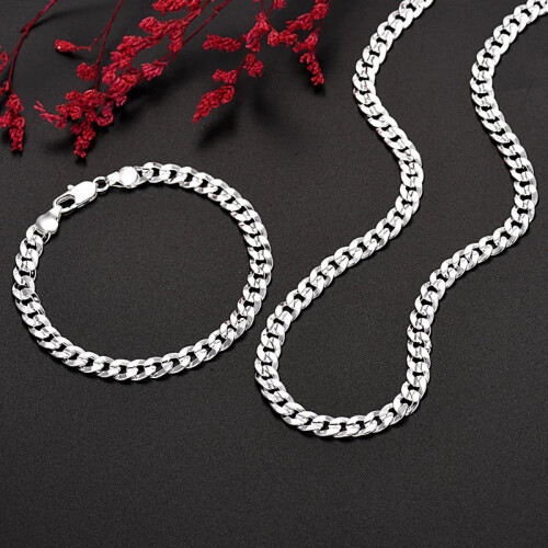 (20 inches 50 cm) 925 Sterling Silver Charm 7MM Chain Unisex Bracelets Neckalces Jewelry Set