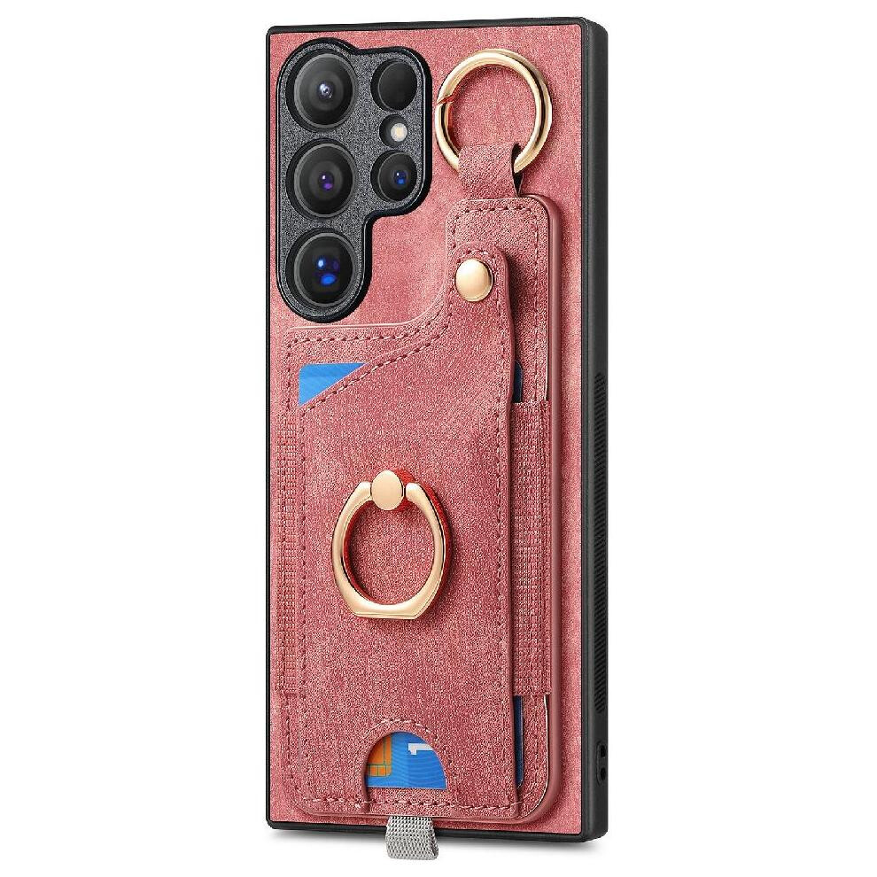 (Pink) Case For Samsung Galaxy S24 Ultra Strong Magnetic Cardholder Ring Stand Pink 764549243143