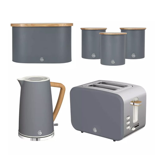 Swan Swan Nordic Kettle, 2 Slice Toaster, Bread Bin & Canisters Set (Grey)