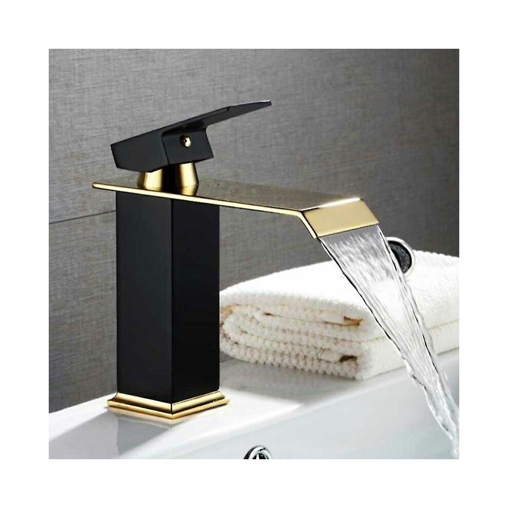 (Brass, Black Gold) High Quality Brass Black And Gold Bathroom Mixer Tap Waterfall Stainless Steel Tall Basin Faucet