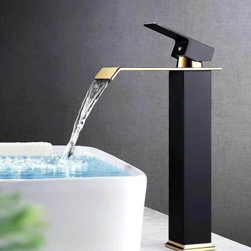 (Brass, Tall Black Gold) High Quality Brass Black And Gold Bathroom Mixer Tap Waterfall Stainless Steel Tall Basin Faucet