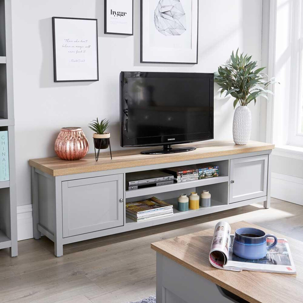Extra Large 180cm Grey Oak TV Stand 2 Door Cabinet Television Unit Cable Tidy