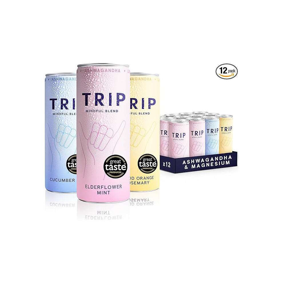 TRIP Mindful Blends Mixed Pack Sparkling Drink with Magnesium Lions Mane L-theanine Vegan (Pack of 12 x 250ml)