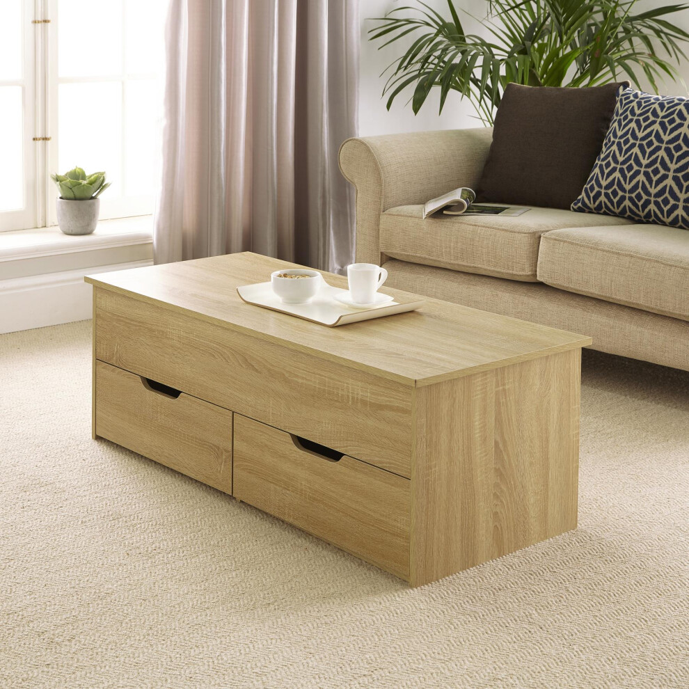 (Oak) Wooden Lift Up Top Coffee Table with Large Drawers