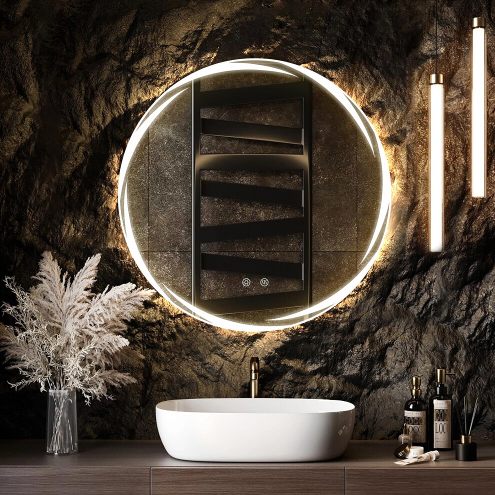 BELIWIN 600mm Round LED Mirror Bathroom, Bathroom Mirror with LED Lights, Circle Illuminated Backlit Wall Mounted Mirror,Demister, Dimmable