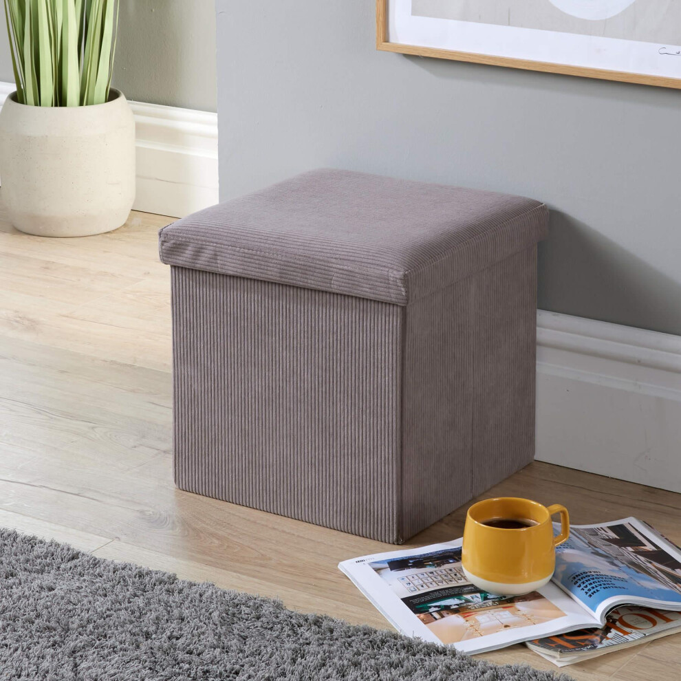 (Grey) Home Source Square Corduroy Folding Storage Ottoman