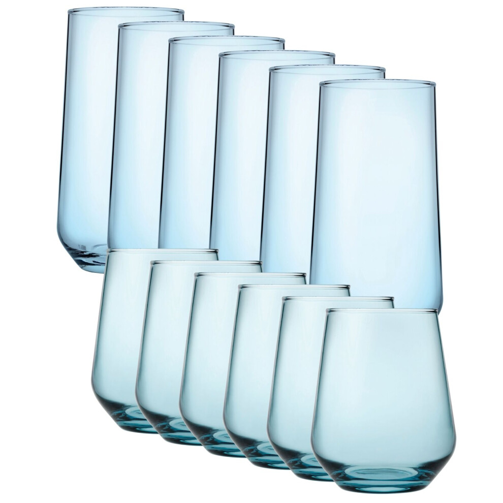 (Light Blue 6 Highball & 6 Tumbler Glasses Set of 12) 6/12 Pcs Allegra Coloured Glasses Highball Tumbler Tall Short Cocktails Juice 470/425ml