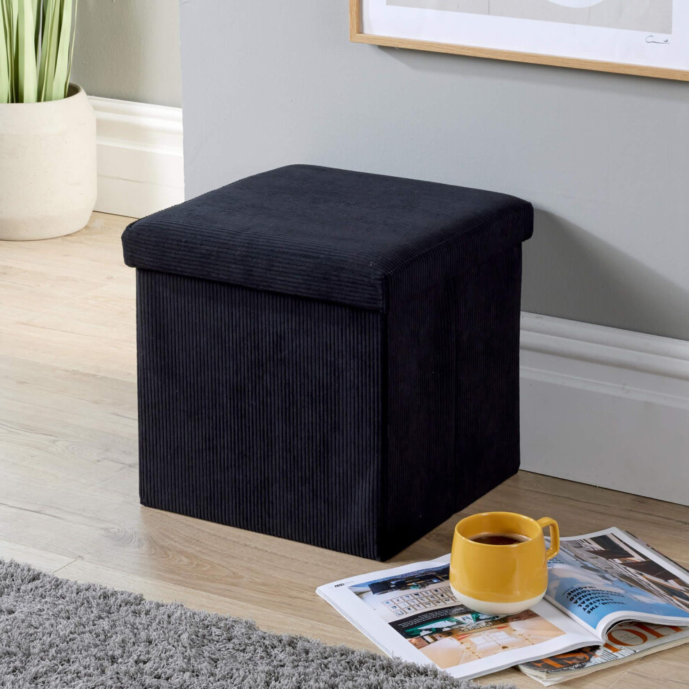 (Black) Home Source Square Corduroy Folding Storage Ottoman