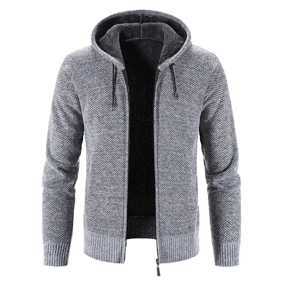 (light grey, L) Mens Knit Sweater Coat Hooded Jumper Cardigan Fleece Fur Lined Zip Hoodie Jacket