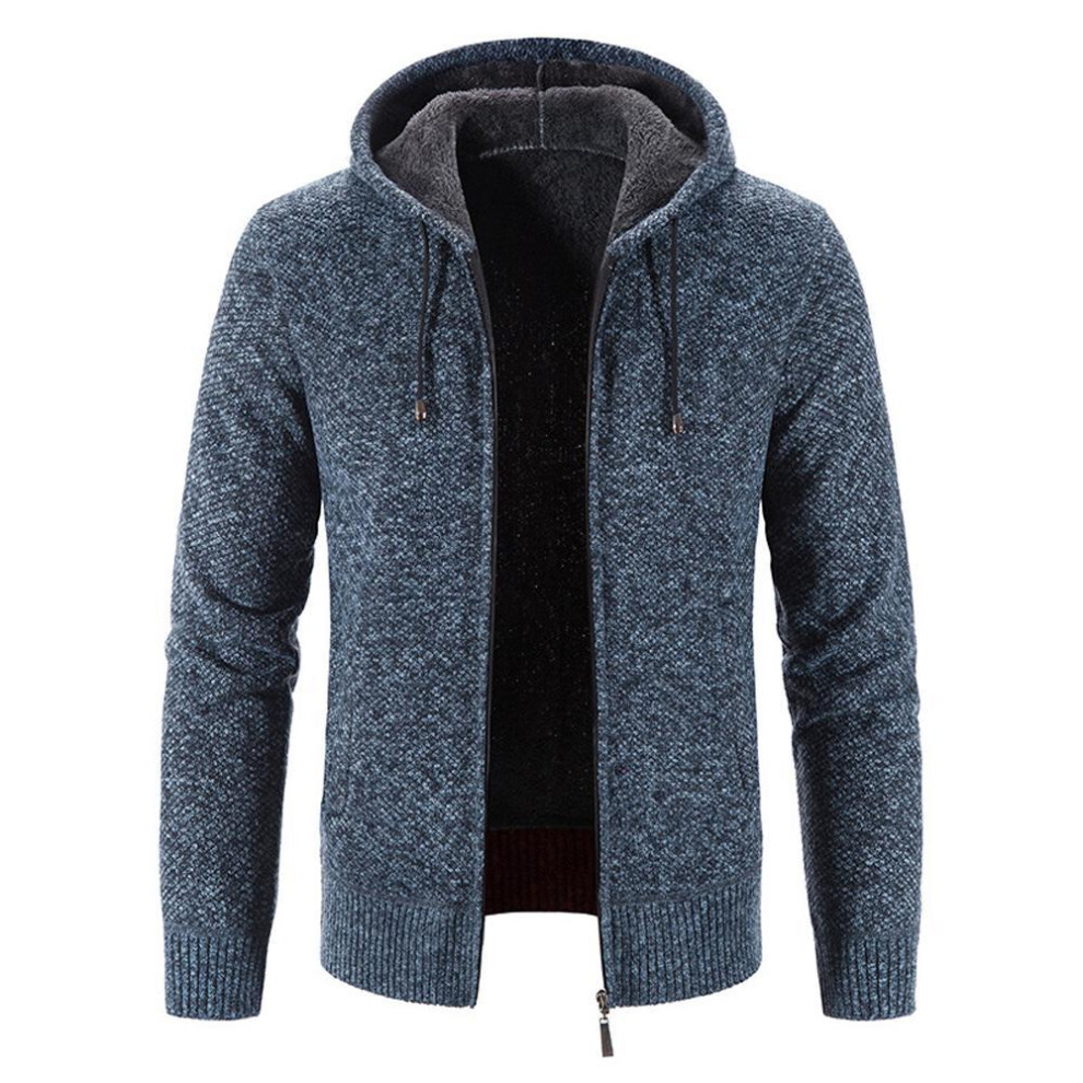(blue, L) Mens Knit Sweater Coat Hooded Jumper Cardigan Fleece Fur Lined Zip Hoodie Jacket