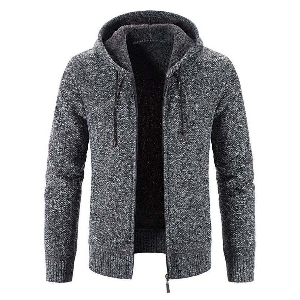 (dark grey, 3XL) Mens Knit Sweater Coat Hooded Jumper Cardigan Fleece Fur Lined Zip Hoodie Jacket