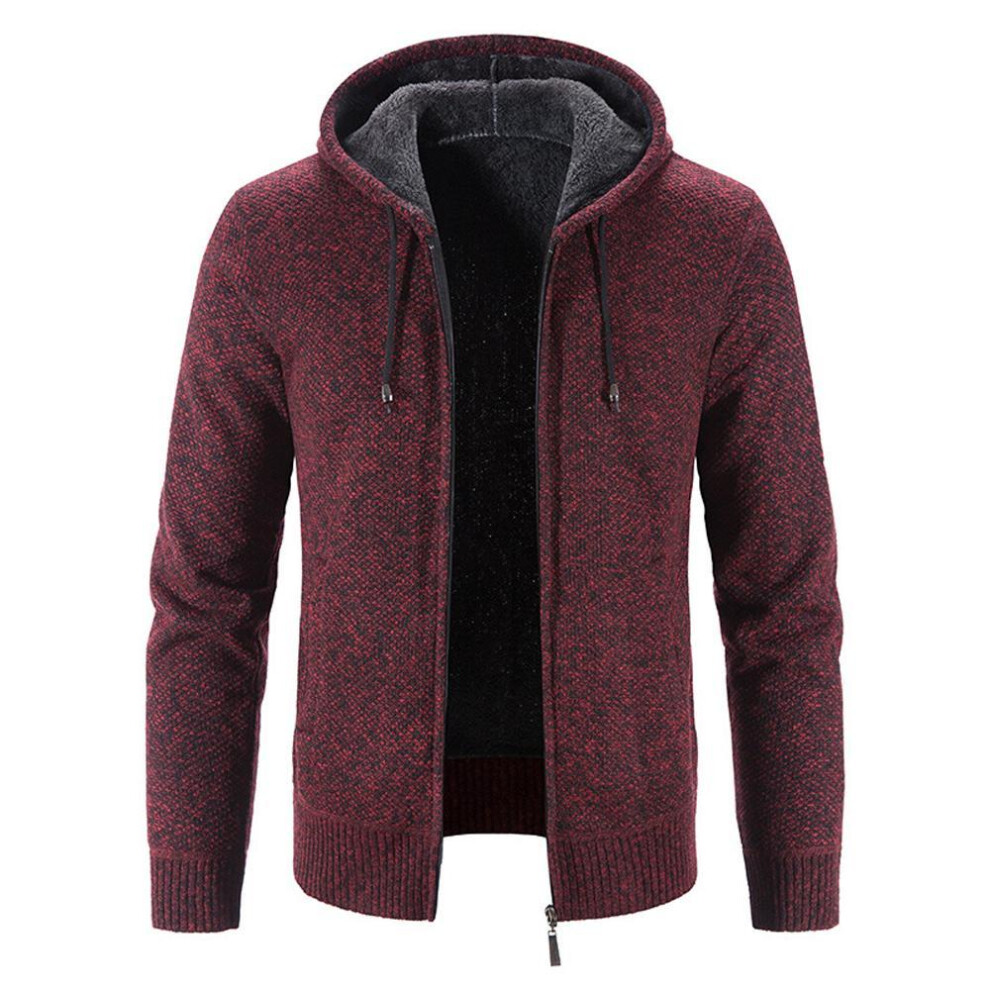 (red, 3XL) Mens Knit Sweater Coat Hooded Jumper Cardigan Fleece Fur Lined Zip Hoodie Jacket