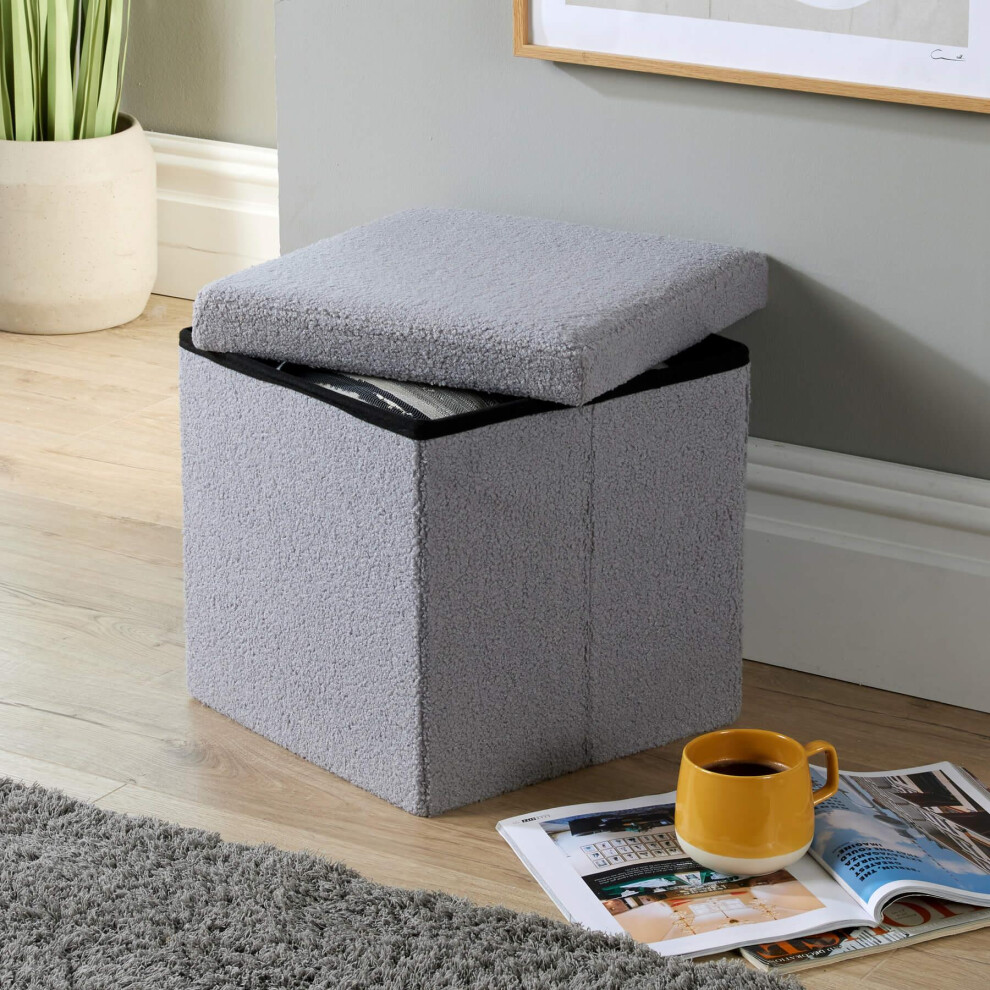 New Home Source Boucle Teddy Fur Square Folding Storage Ottoman Grey