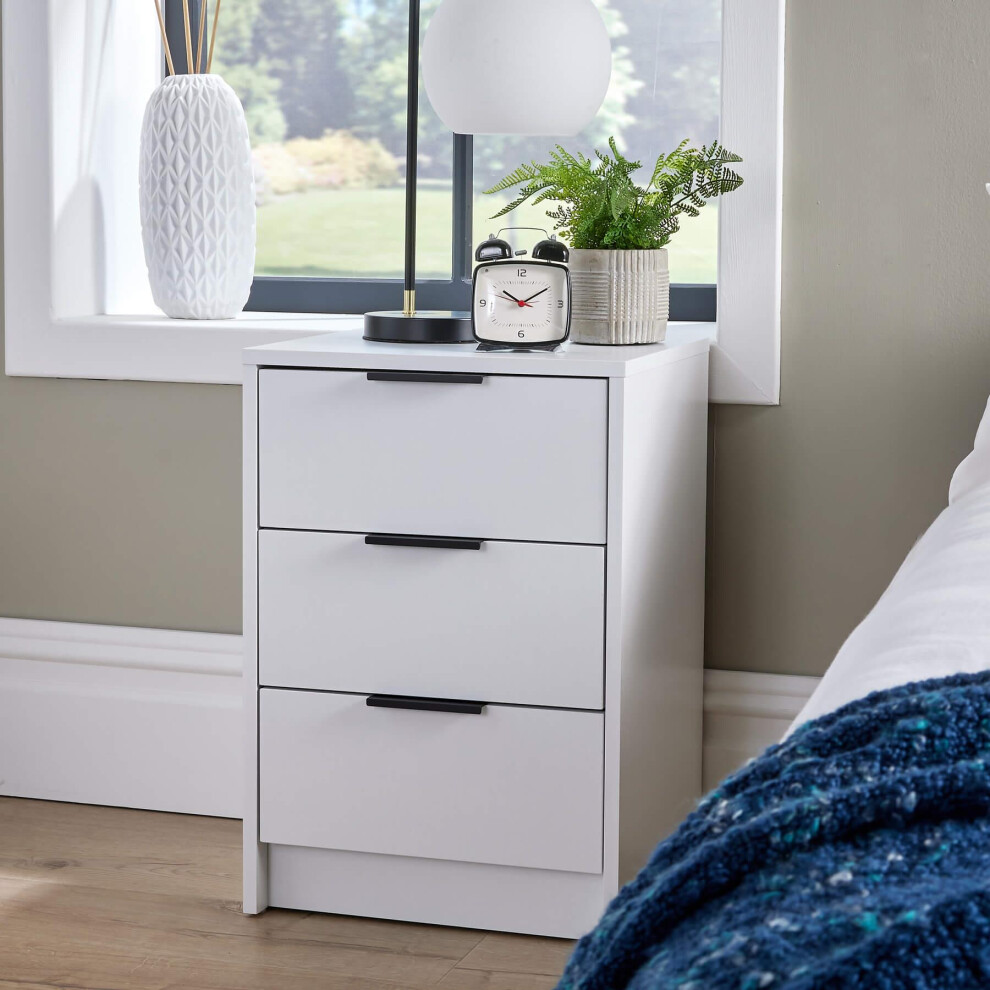 (White) Phoenix 3 Drawer Bedside Table Storage Unit