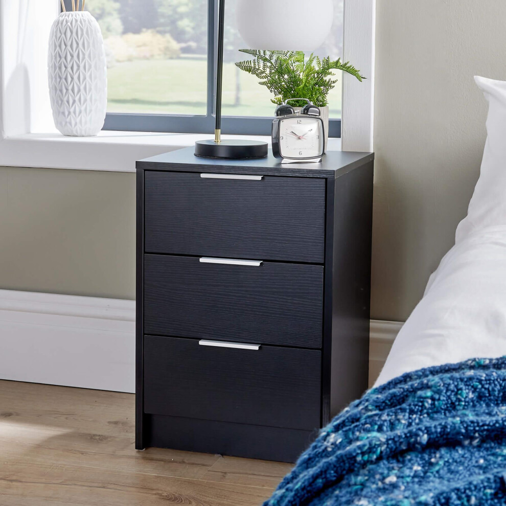 Bedside Table Black 3 Drawer Bedside Cabinet Night Stand Metal Runners