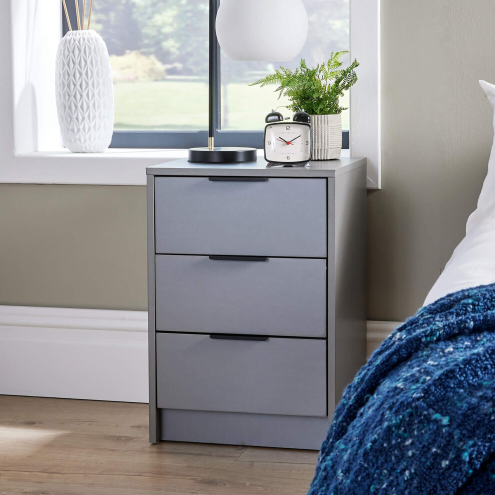 Home Source Phoenix 3 Drawer Bedside Table Storage Unit - Grey