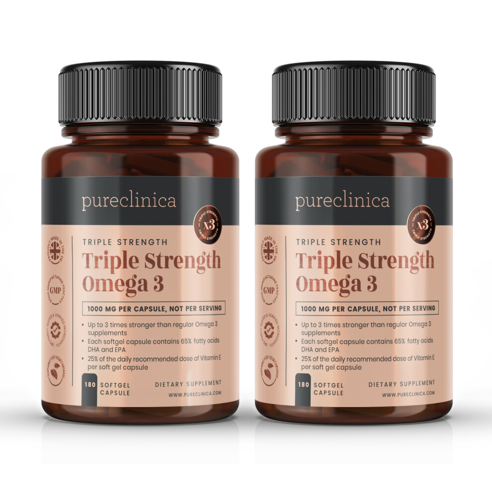 Triple Strength Omega 3 1000mg (360 capsules(2 bottles of 180 tablets)-12 months supply)with a concentrated 650mg of the actives DHA & EPA per capsule