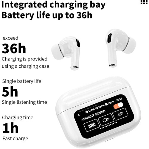 Noise Cancelling Bluetooth Earbuds with Big Touch Intellignet Screen Charging Case, White 2