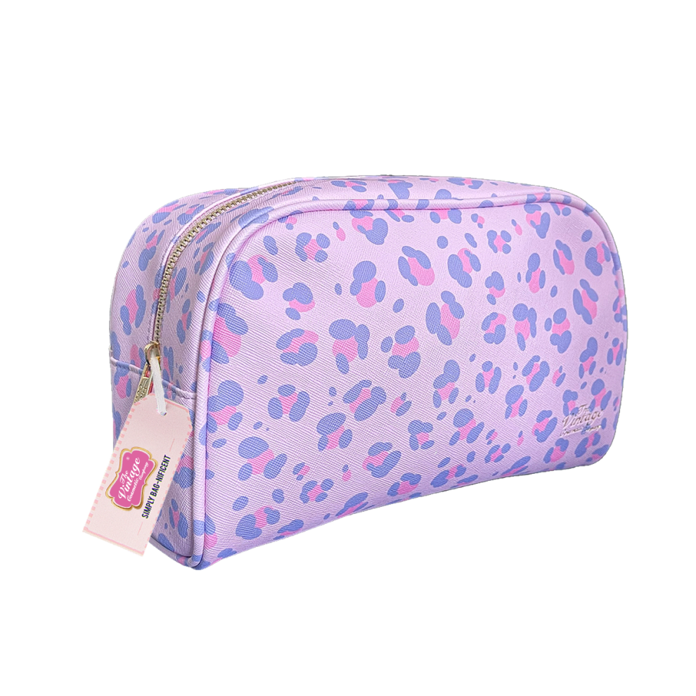 The Vintage Cosmetic Company Lilac Large Oval Make-Up Bag Lightweight Cosmetic Storage Bag, Leopard Print Design