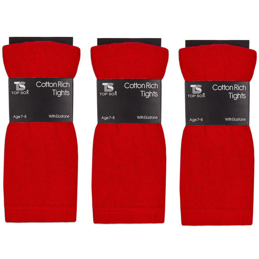 (Red, 9-10) Girls Childrens 3 Pairs Plain Tights Back To School Everyday Cotton Rich Leggings
