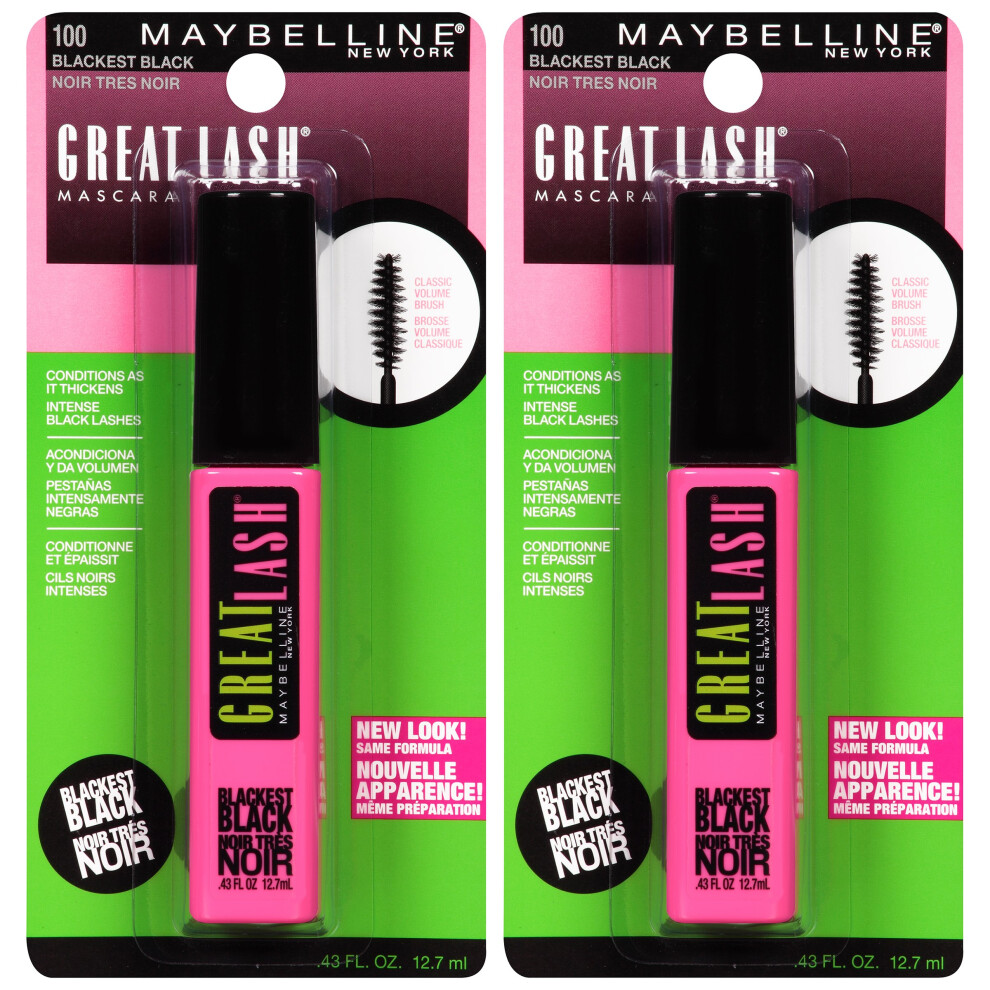 Maybelline New York Great Lash Washable Mascara Makeup  Blackest Black  2 Count