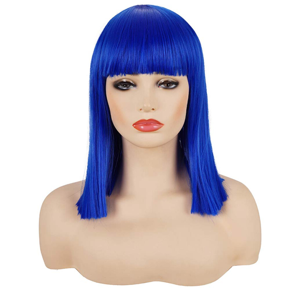 Morvally Unisex Blue Short Straight Bob Wig Heat Resistant Hair With Blunt Bangs Natural Looking Cosplay Costume Daily Wigs 14