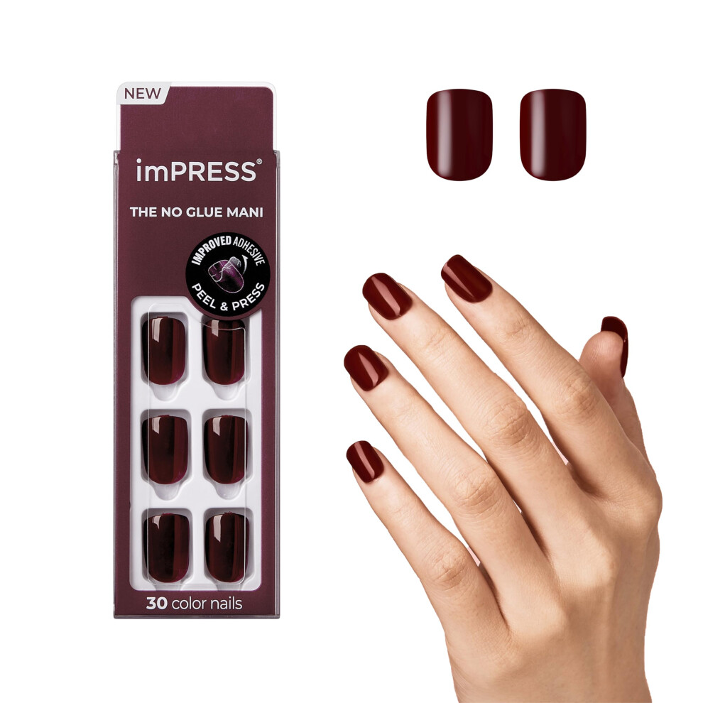 KISS imPRESS No Glue Mani Press On Nails  Color  Im Not a Cinna  Red  Short Size  Squoval Shape  Includes 30 Nails  Prep Pad