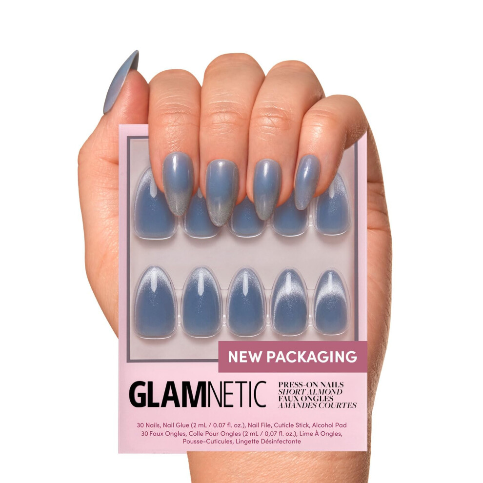 Glamnetic Blue Press On Nails - Baby S | Short Almond Pastel Nails With A Mesmerizing Metallic Finish | 15 Sizes - 30 Nail Kit With Glue