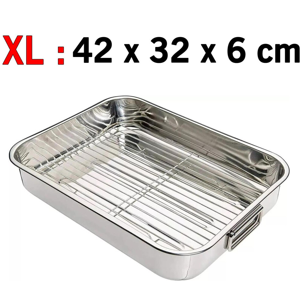 (Silver - 31746, X- Large (42 x 32 x 6)) StainlessSteel Roasting TinTray OvenPan Grill Rack