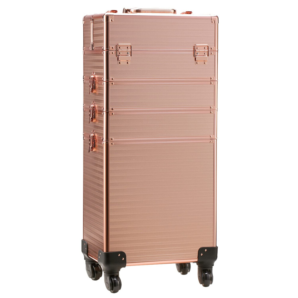 Channcase 4 in 1 Portable Traveling Aluminum Professional Makeup Trolley Cart with MultipleSized Compartments and Wheels  Rose